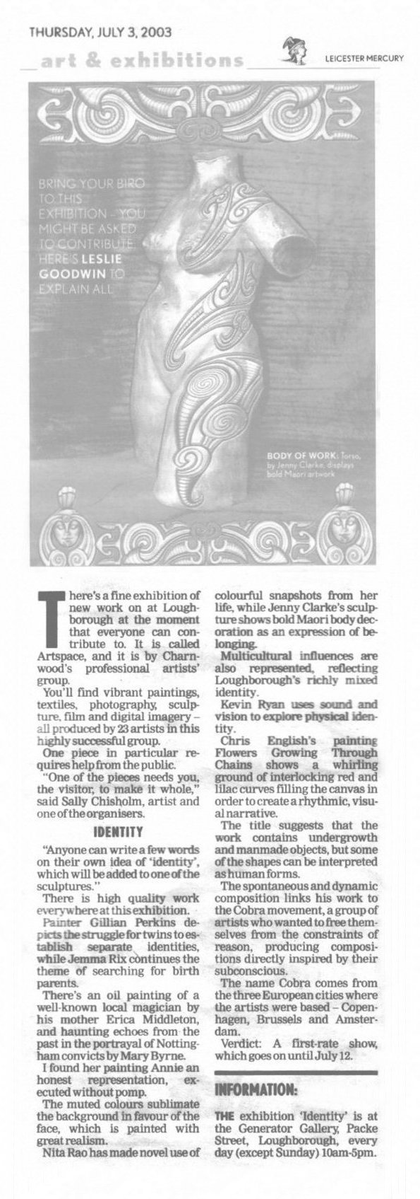 Artspace IDENTITY EXHIBITION Press cutting 2003
                                 from LEICESTER Mercury